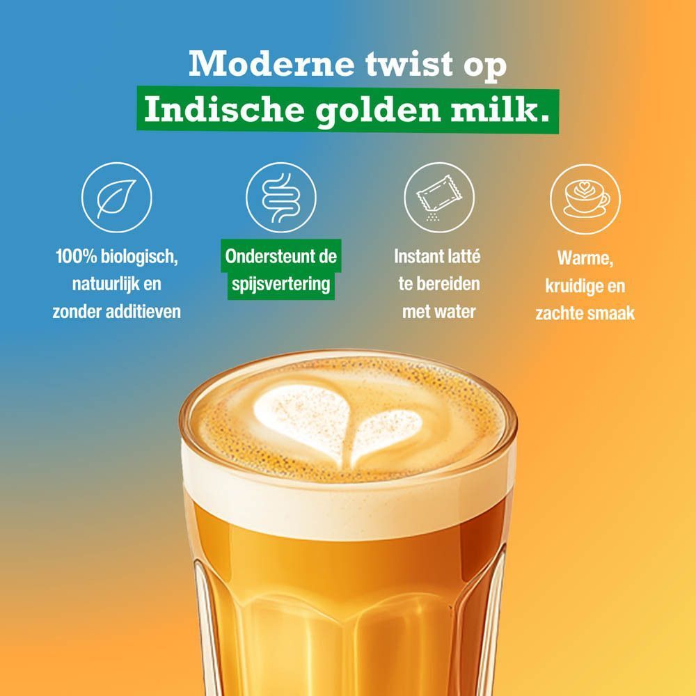 Glas Purasana biologische kurkuma latte met symbolen voor biologisch en spijsvertering.