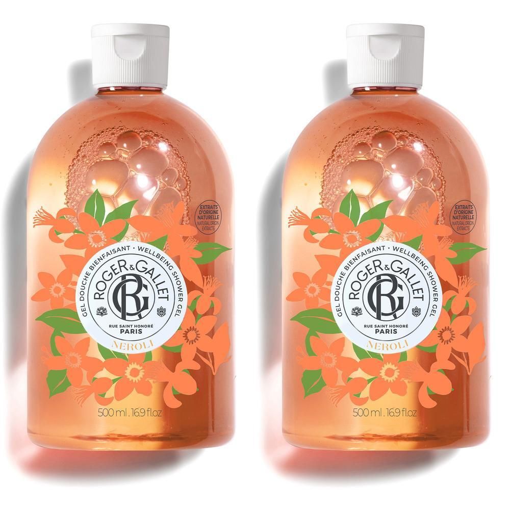 Twee flessen Roger & Gallet Douchegel Neroli met oranjebloesem design.