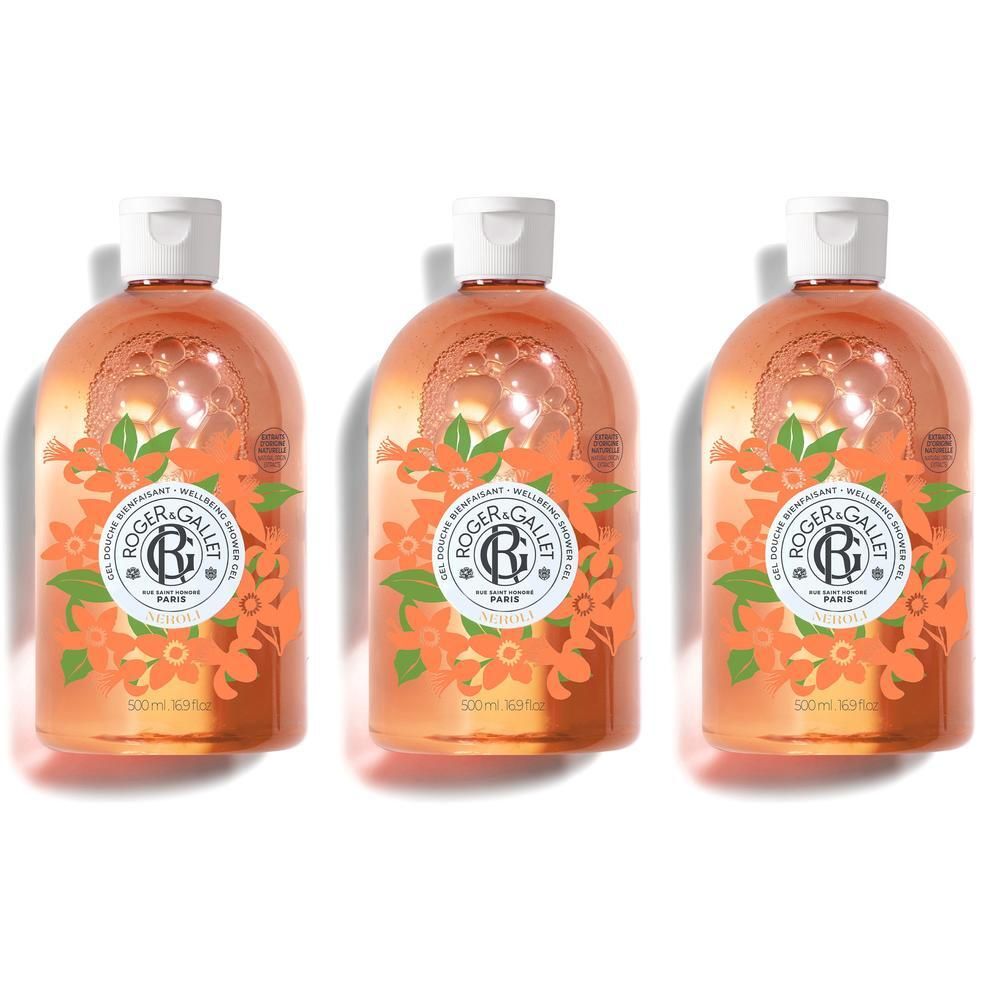 Drie flessen Roger & Gallet douchegel met nerolibloemmotief. Transparante oranje vloeistof.