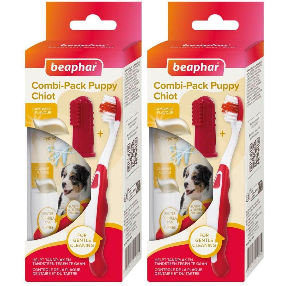 Beaphar Combi-Pack Chiot : brosse à dents, doigtier et dentifrice rouges et blancs.