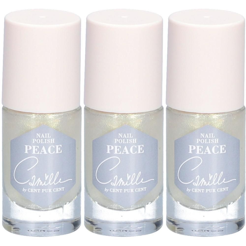 Trois flacons de vernis à ongles 'Peace' par Camille by Cent Pur Cent, blanc nacré.
