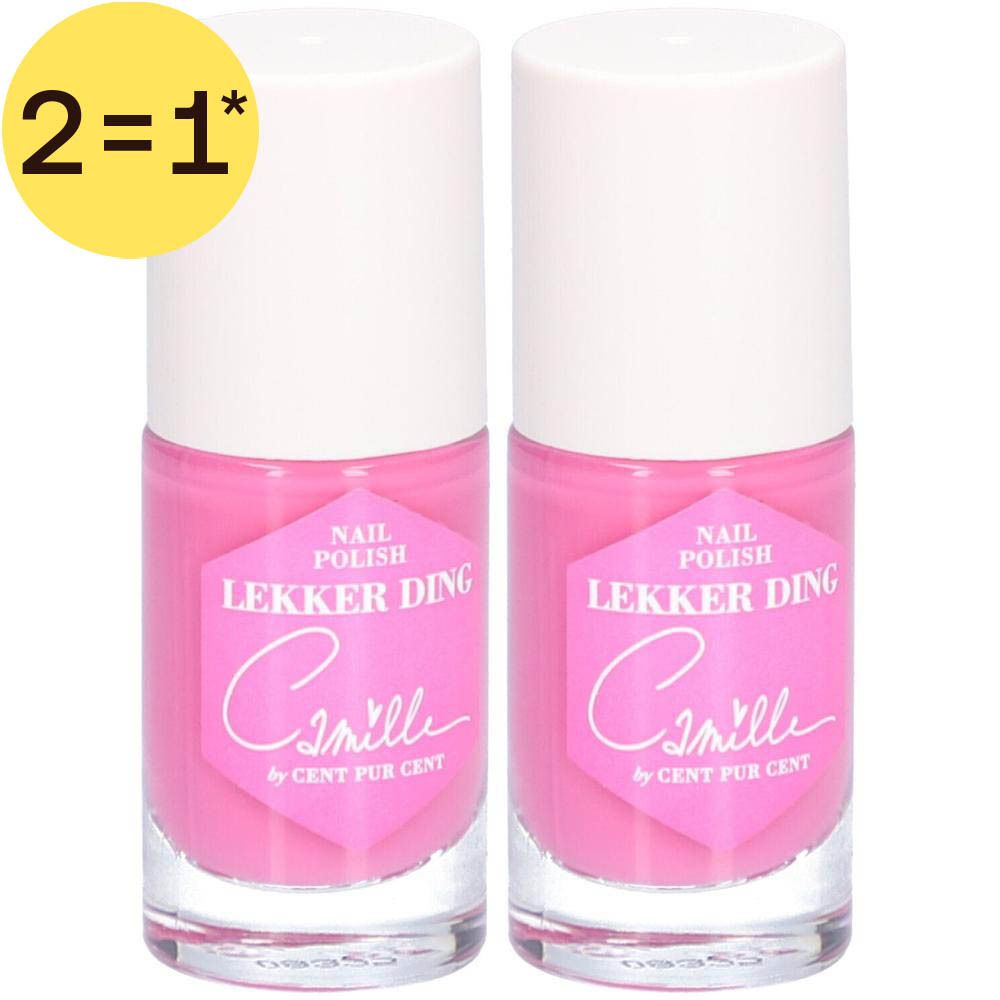 Deux flacons de vernis à ongles rose avec bouchons blancs. Étiquette 'Camille by Cent Pur Cent'.