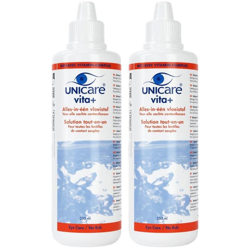 Deux flacons de solution tout-en-un Unicare Vita+, 250ml chacun.