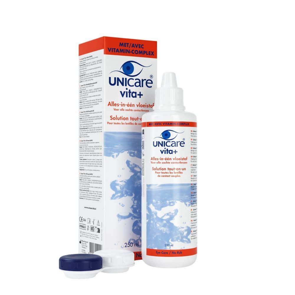 Solution tout-en-un Unicare Vita+ 250ml avec son étui et son emballage.