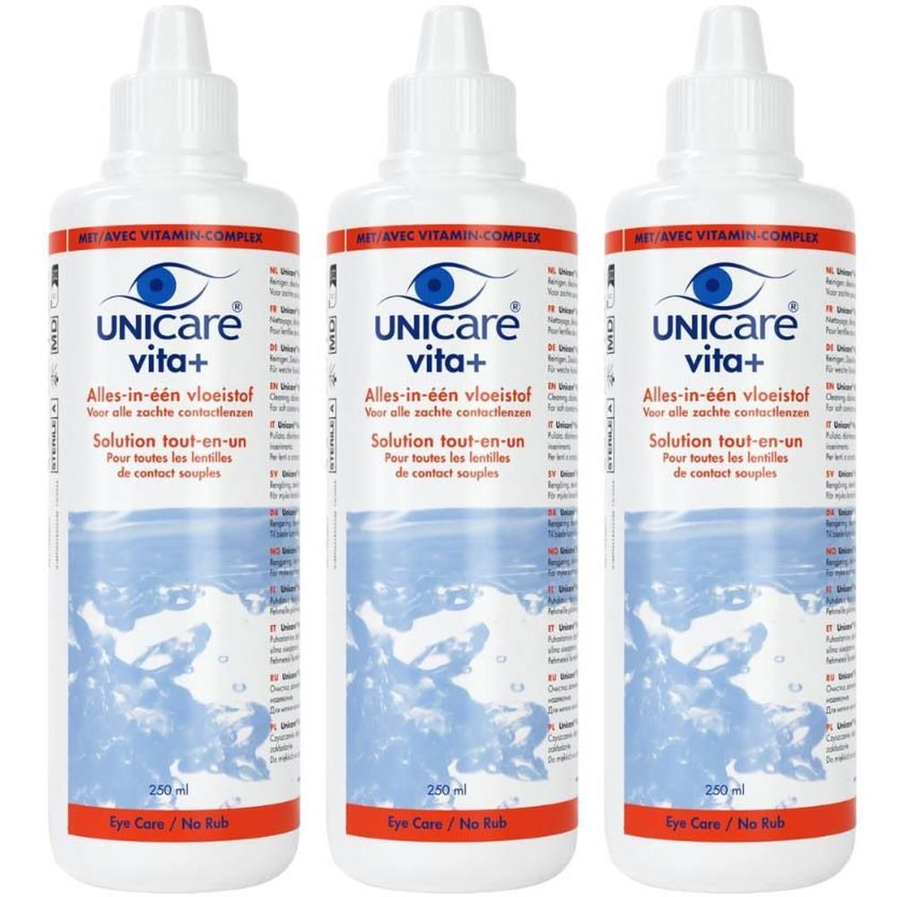 Trois flacons de solution tout-en-un Unicare Vita+, 250 ml.