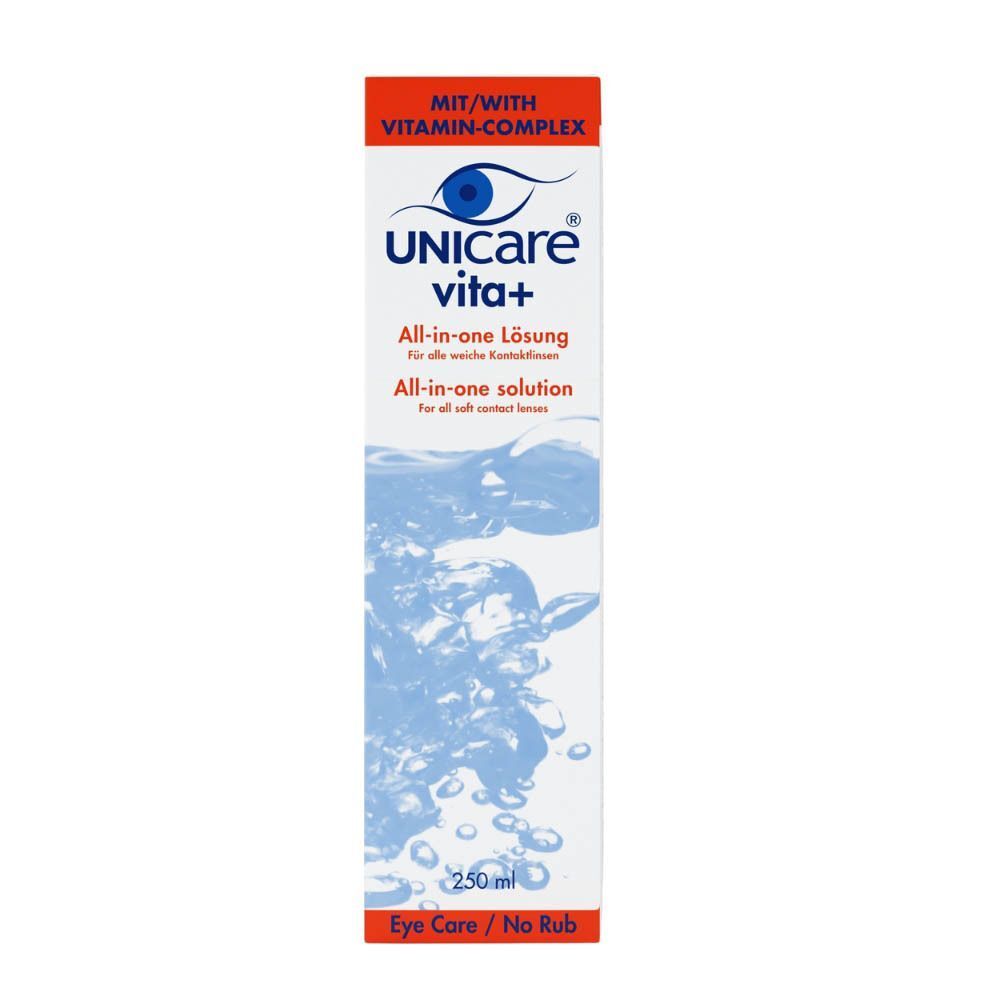 Verpakking van de Unicare Vita+ alles-in-één lenzenvloeistof, 250 ml.