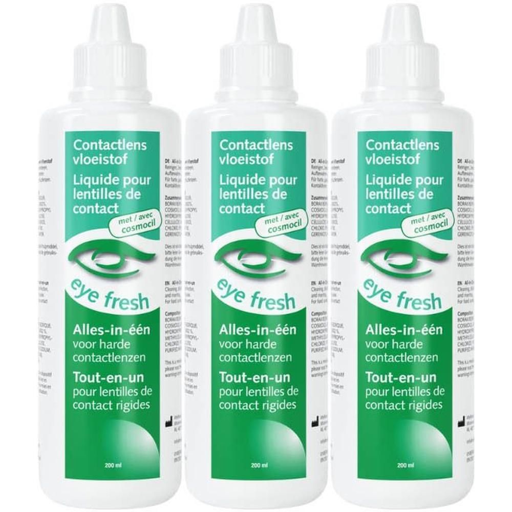 Drie flessen Eye Fresh vloeistof voor contactlenzen, All-in-one voor harde contactlenzen.