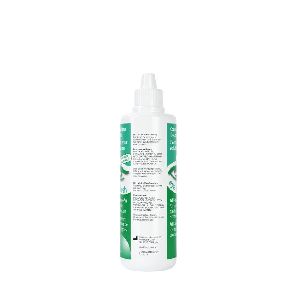 Arrière d'un flacon de solution pour lentilles de contact Eye Fresh avec ingrédients et instructions.
