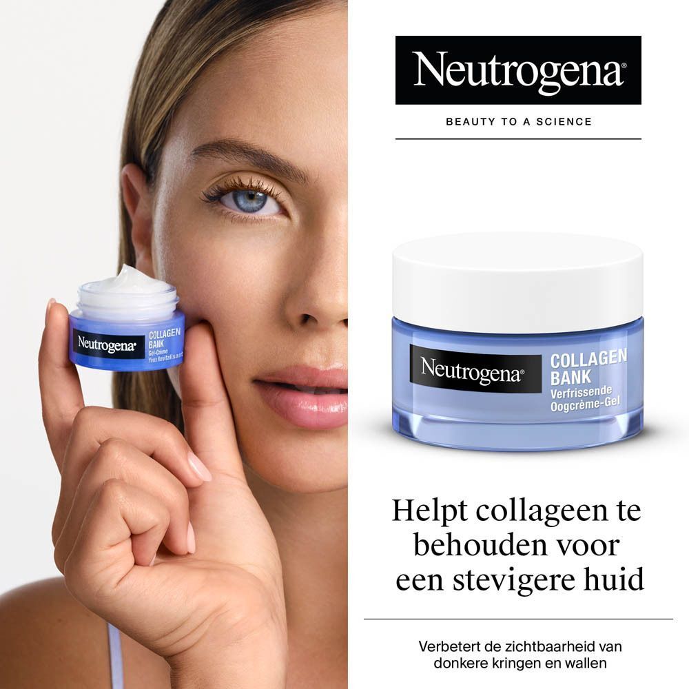 Een vrouw houdt een potje Neutrogena Collagen Bank Verfrissende Oogcrème-Gel vast.