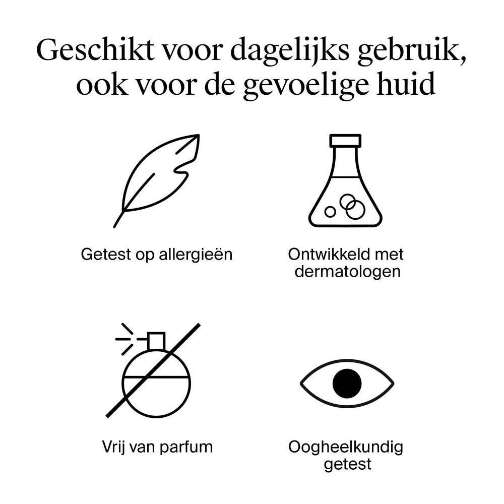 Iconen voor hypoallergeen, dermatologisch getest, parfumvrij, oogheelkundig getest.