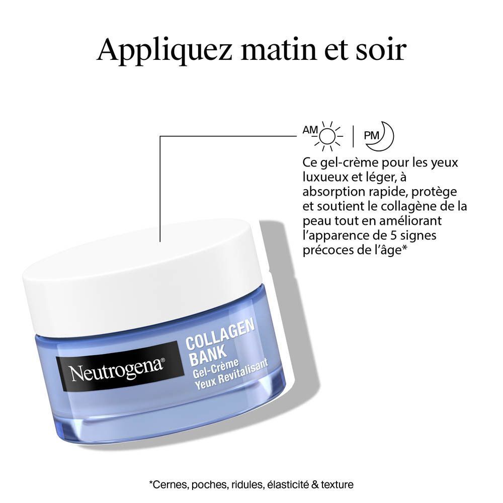 Un pot de Neutrogena Collagen Bank Gel-Crème Yeux Revitalisant avec instructions d'application.