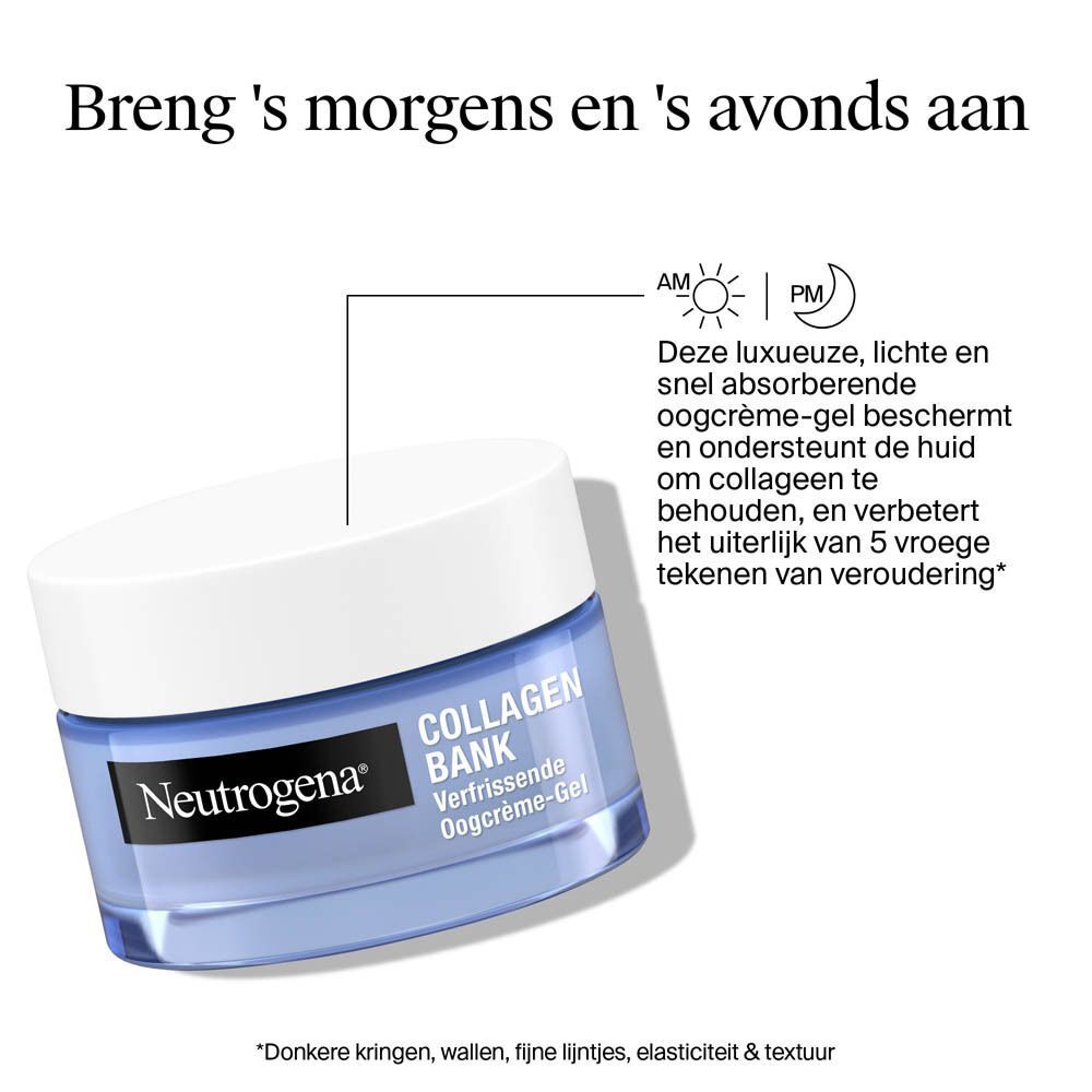 Een potje Neutrogena Collagen Bank Verfrissende Oogcrème-Gel met applicatie-instructies.