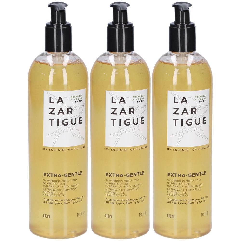Drie flessen Lazartigue Extra-Gentle Shampoo, 500ml, met pompdosering.