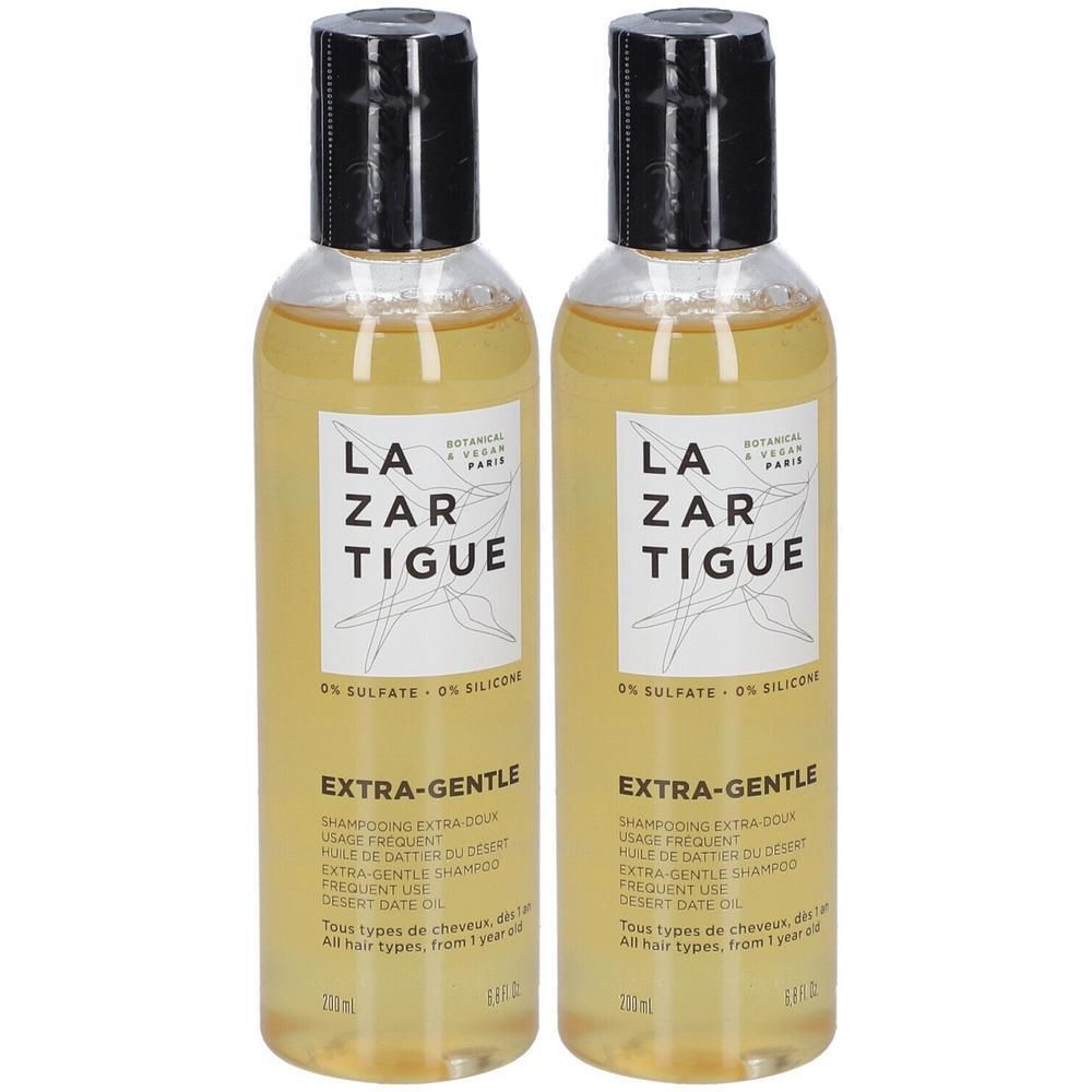 Twee flessen Lazartigue Extra-Gentle Shampoo, 75ml. Gele vloeistof, zwarte dop.