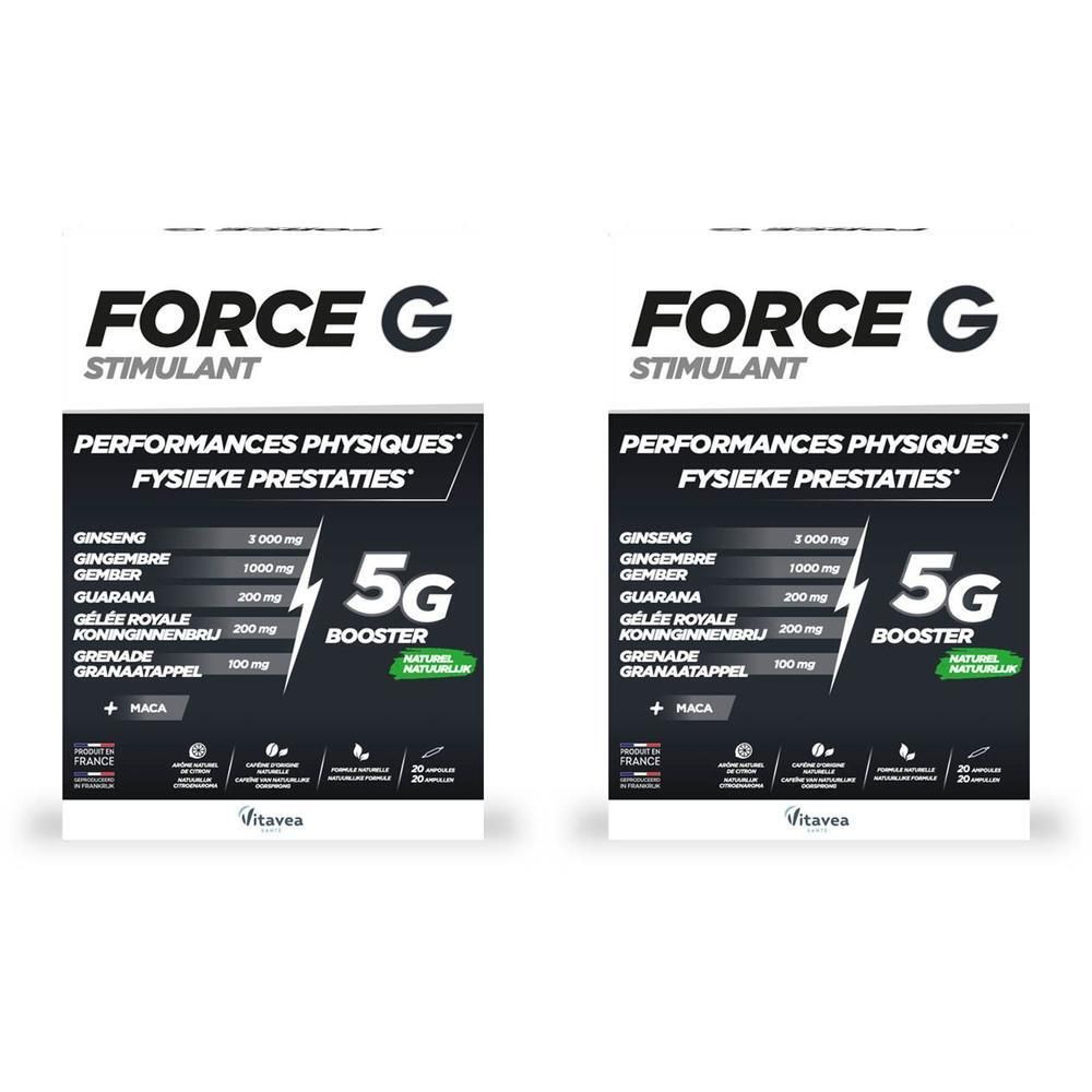 Twee verpakkingen Vitavea Force G Stimulant met 5G Booster en ingrediënten zoals ginseng en guarana.