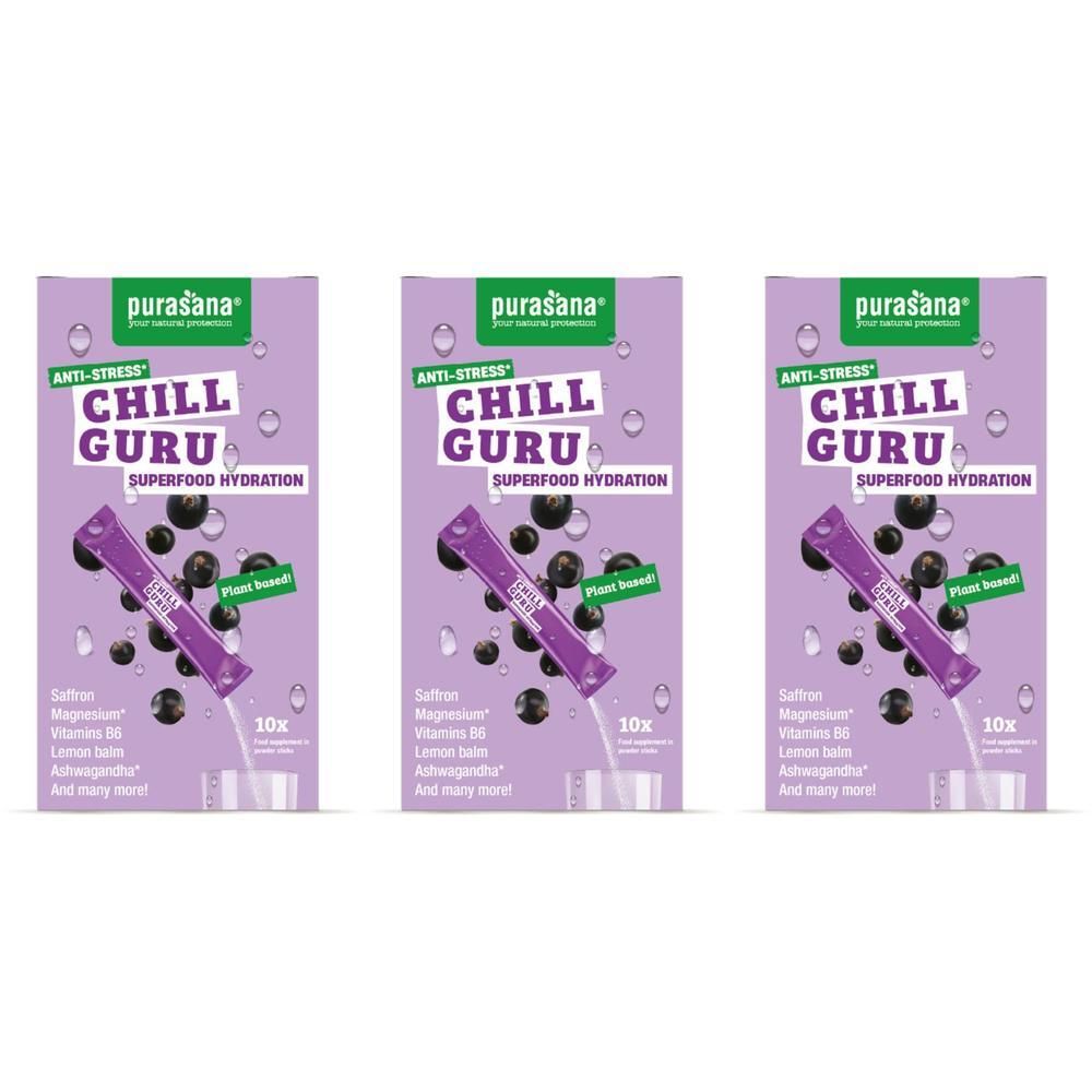 Drie pakken Purasana Chill Guru Superfood Hydration met bessen en kruiden.