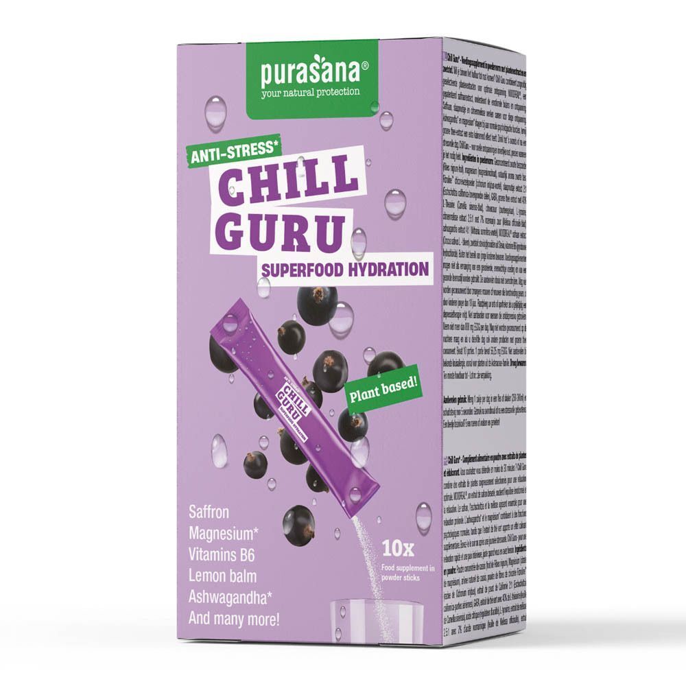 Een pak Purasana Chill Guru Superfood Hydration met bessen en kruiden.