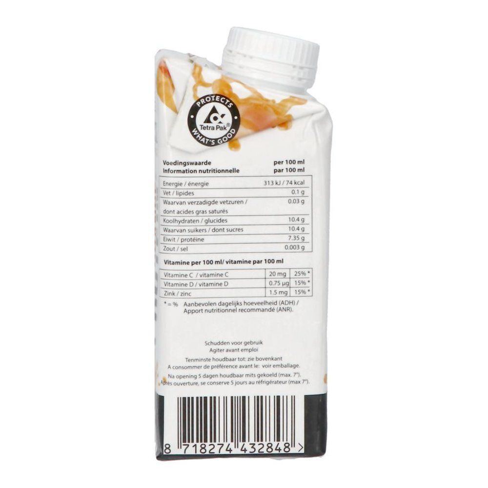 Achterkant Frezz Orange Protein Drink: Voedingswaarde en vitamines per 100ml.
