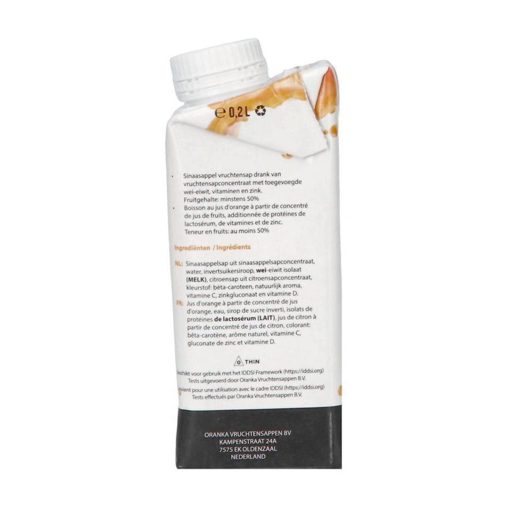 Zijde Frezz Orange Protein Drink: Ingrediëntenlijst en beschrijving van het vruchtensapdrankje.