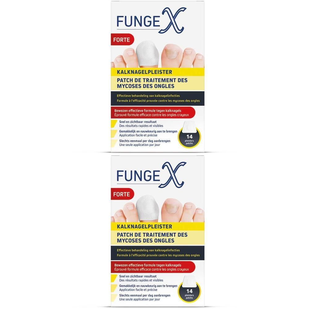 Deux boîtes de patchs Fungex Forte pour mycose des ongles, 14 patchs par boîte.