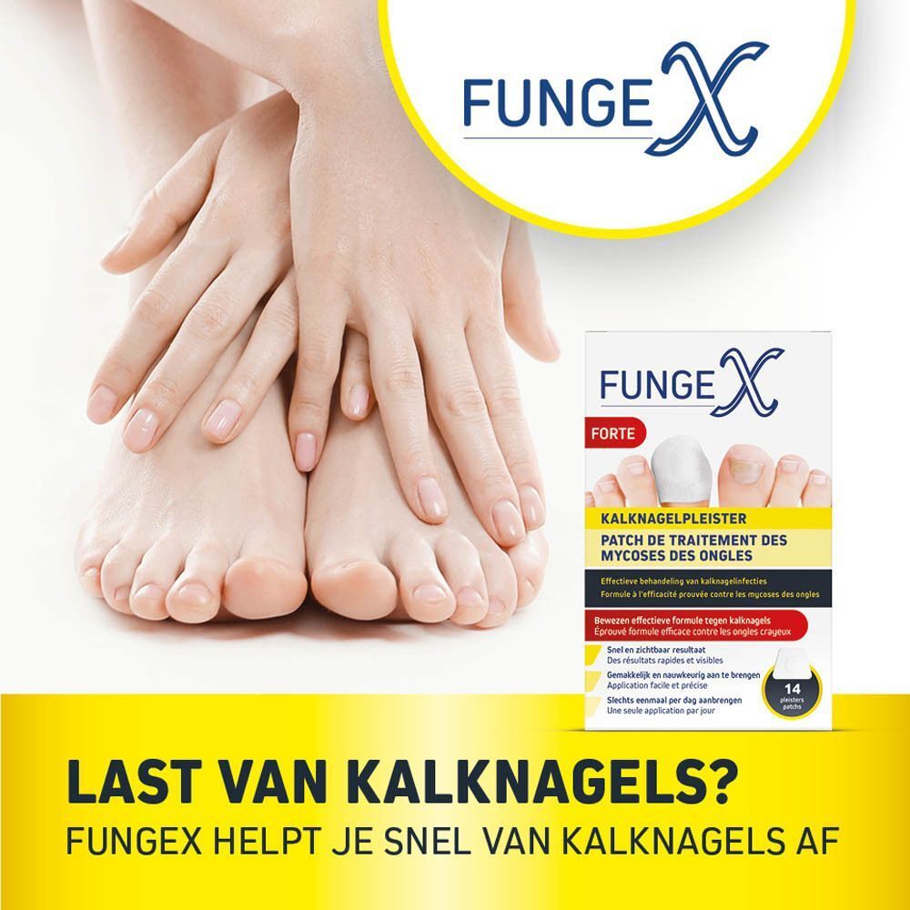 Voeten en een verpakking Fungex Forte nagelschimmelpleisters, gepromoot voor de behandeling van schimmelnagels.