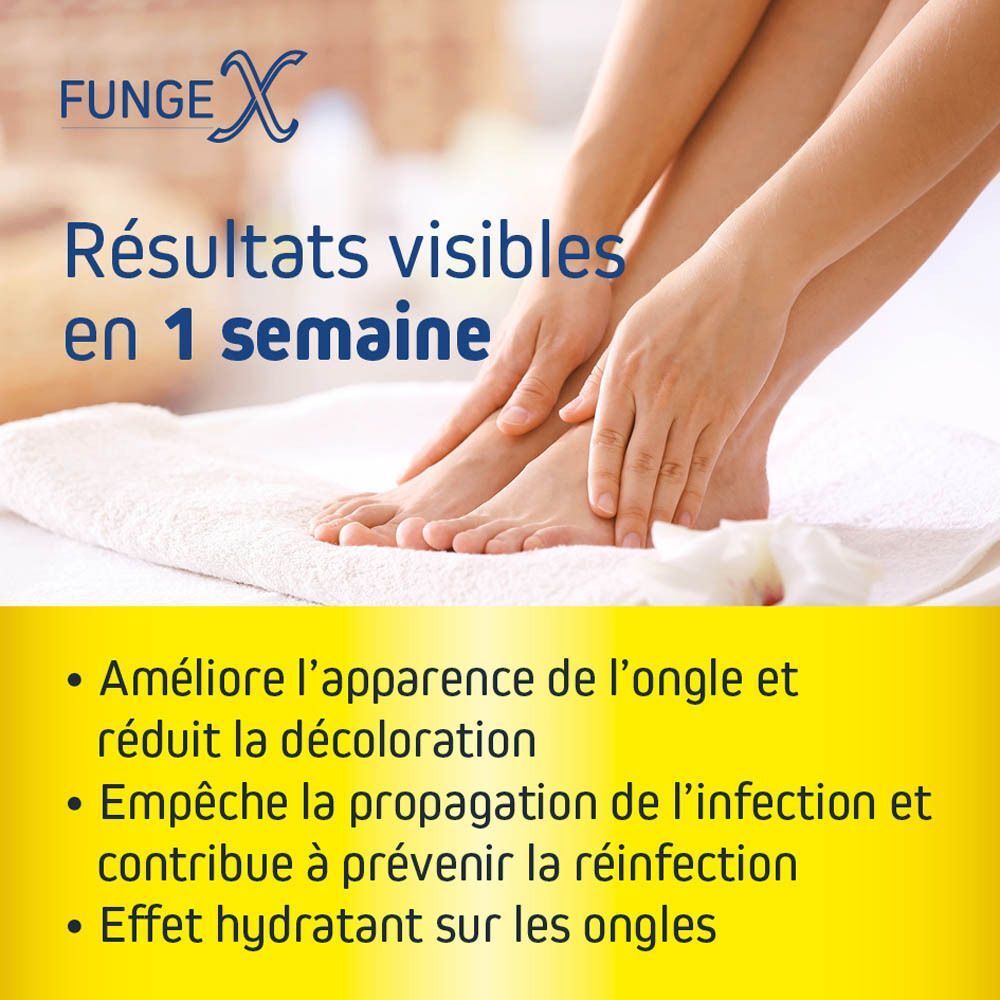 Pieds et une boîte de patchs Fungex Forte pour mycose des ongles promettant des résultats visibles en une semaine.