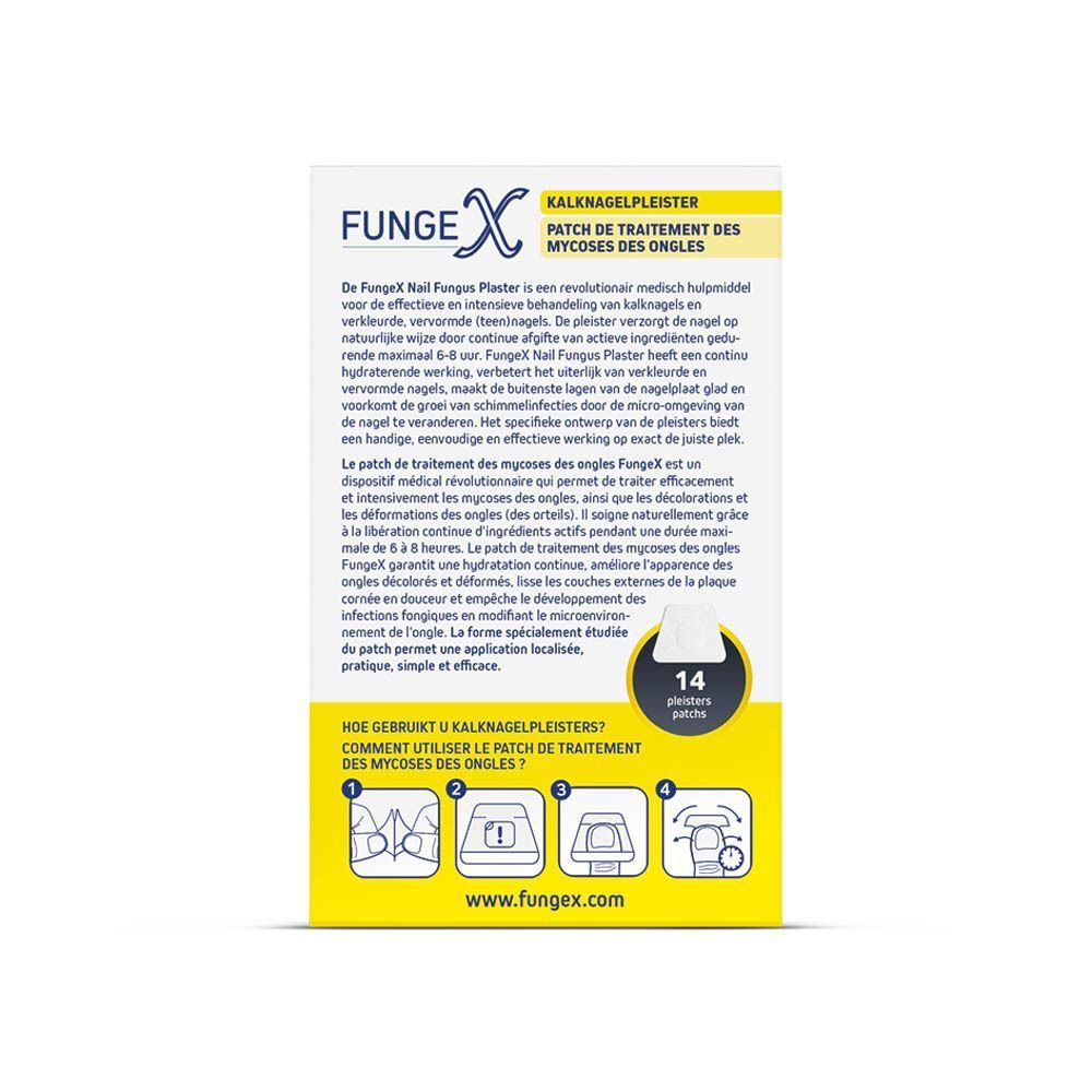 Dos de la boîte de patchs FungeX pour mycose des ongles avec instructions et informations.