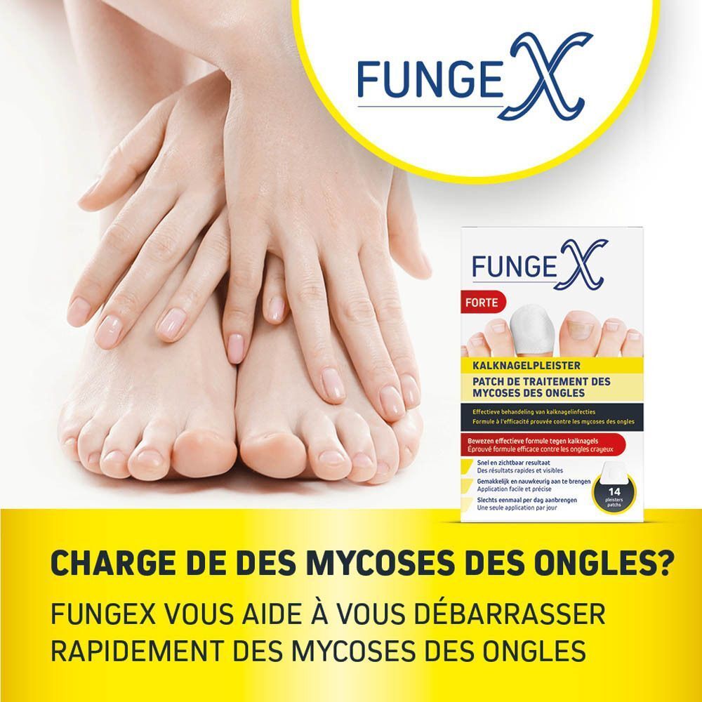 Pieds et mains aux ongles sains, à côté de la boîte de patchs FungeX pour mycose des ongles.