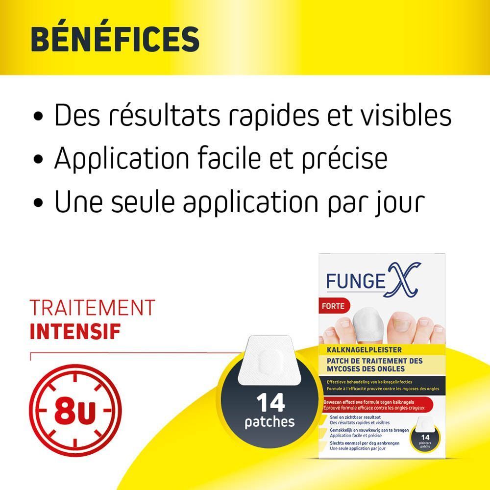 Avantages du traitement FungeX pour mycose des ongles : résultats rapides, application facile, 14 patchs.