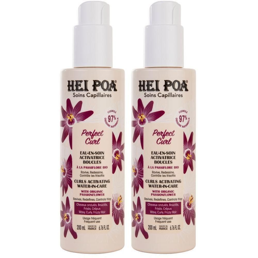Deux flacons HEI POA Perfect Curl soin activateur de boucles à la passiflore, 200 ml.