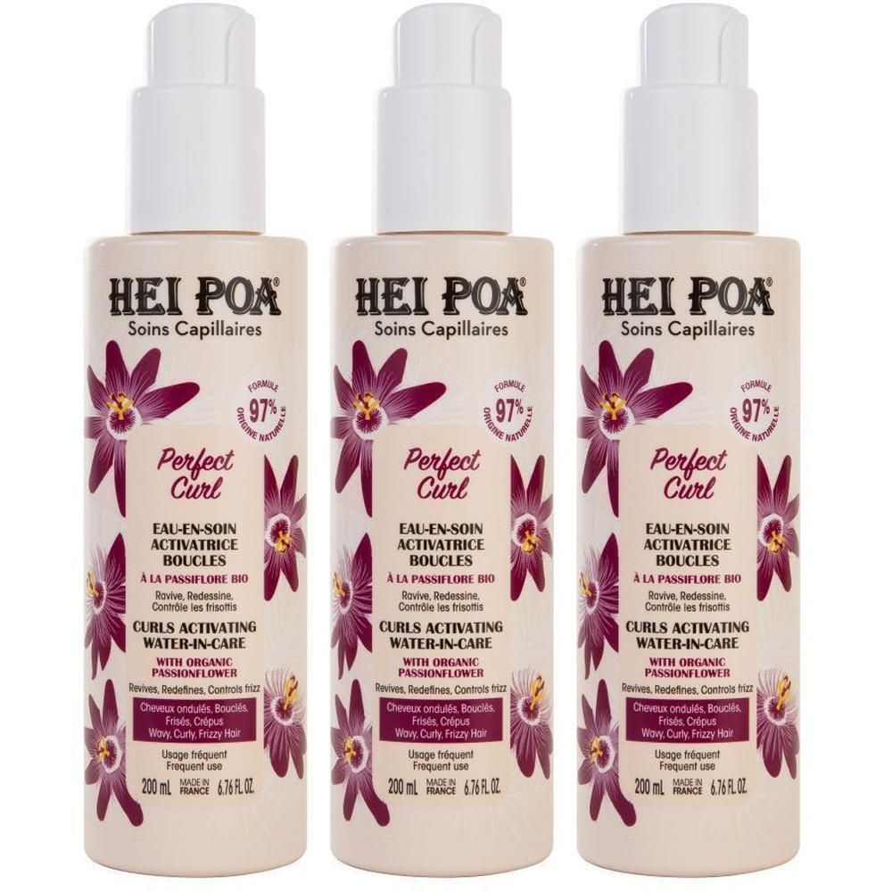 Trois flacons HEI POA Perfect Curl Eau-en-soin activatrice boucles avec motif passiflore. 200 ml.