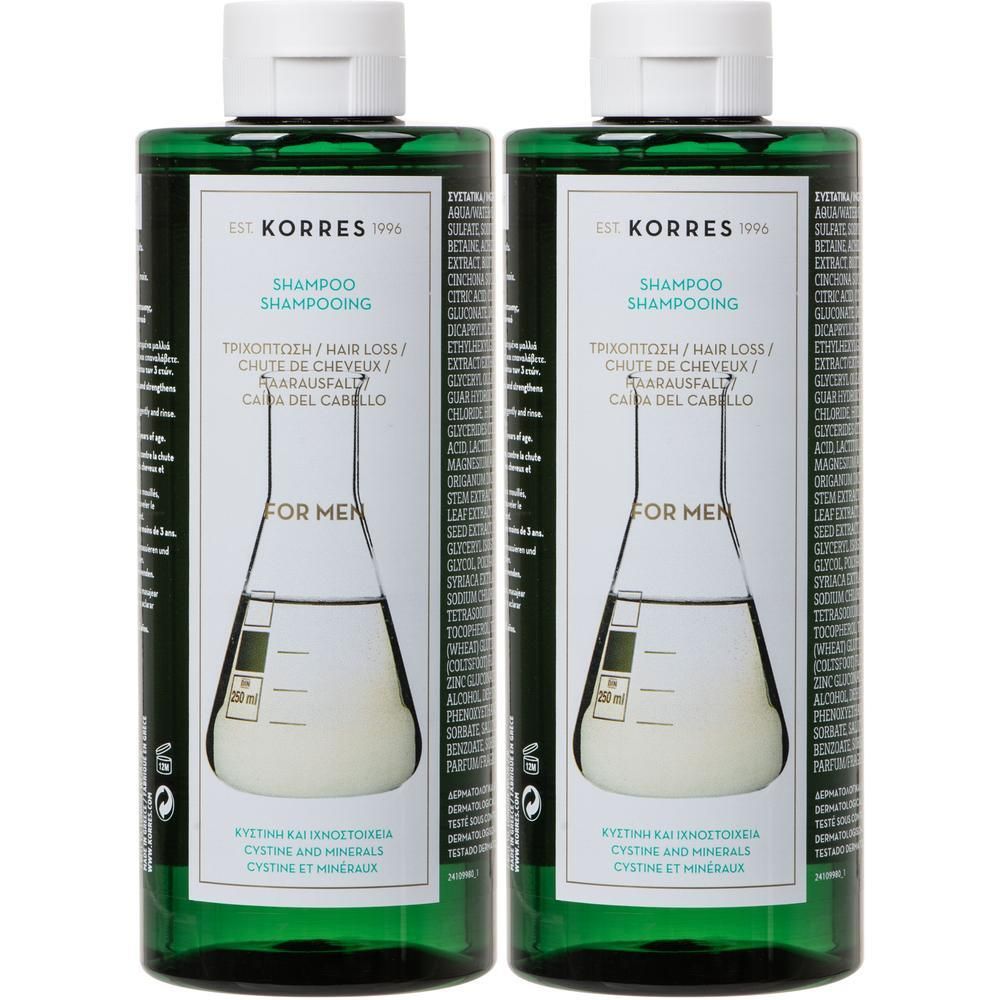 Twee flessen Korres Shampooing Cystine & Minéraux Anti-Chute voor Mannen.
