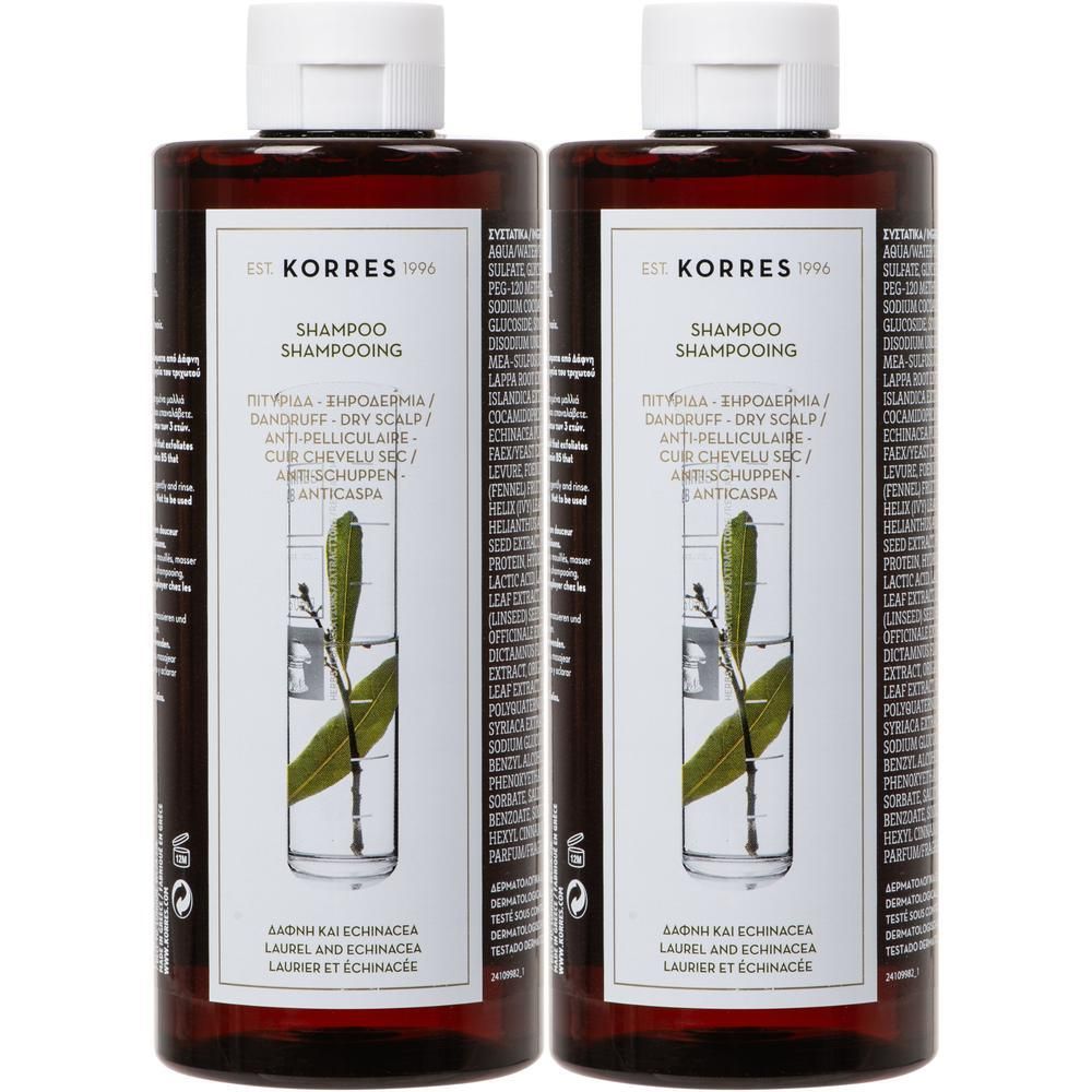Twee flessen Korres shampoo voor droog, schilferig hoofdhuid met laurier en echinacea.