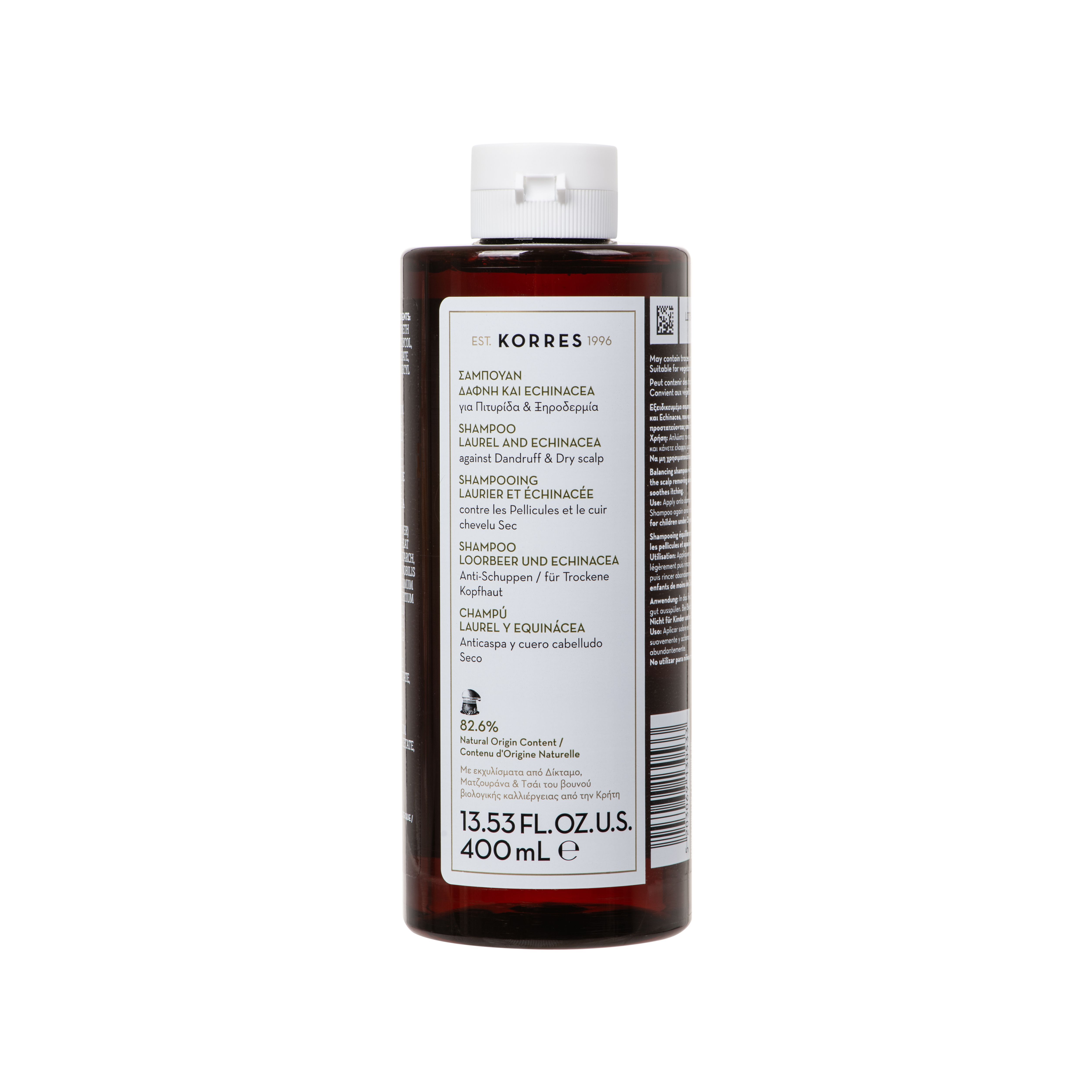 Een fles Korres shampoo voor droog, schilferig hoofdhuid met laurier en echinacea, 400ml.