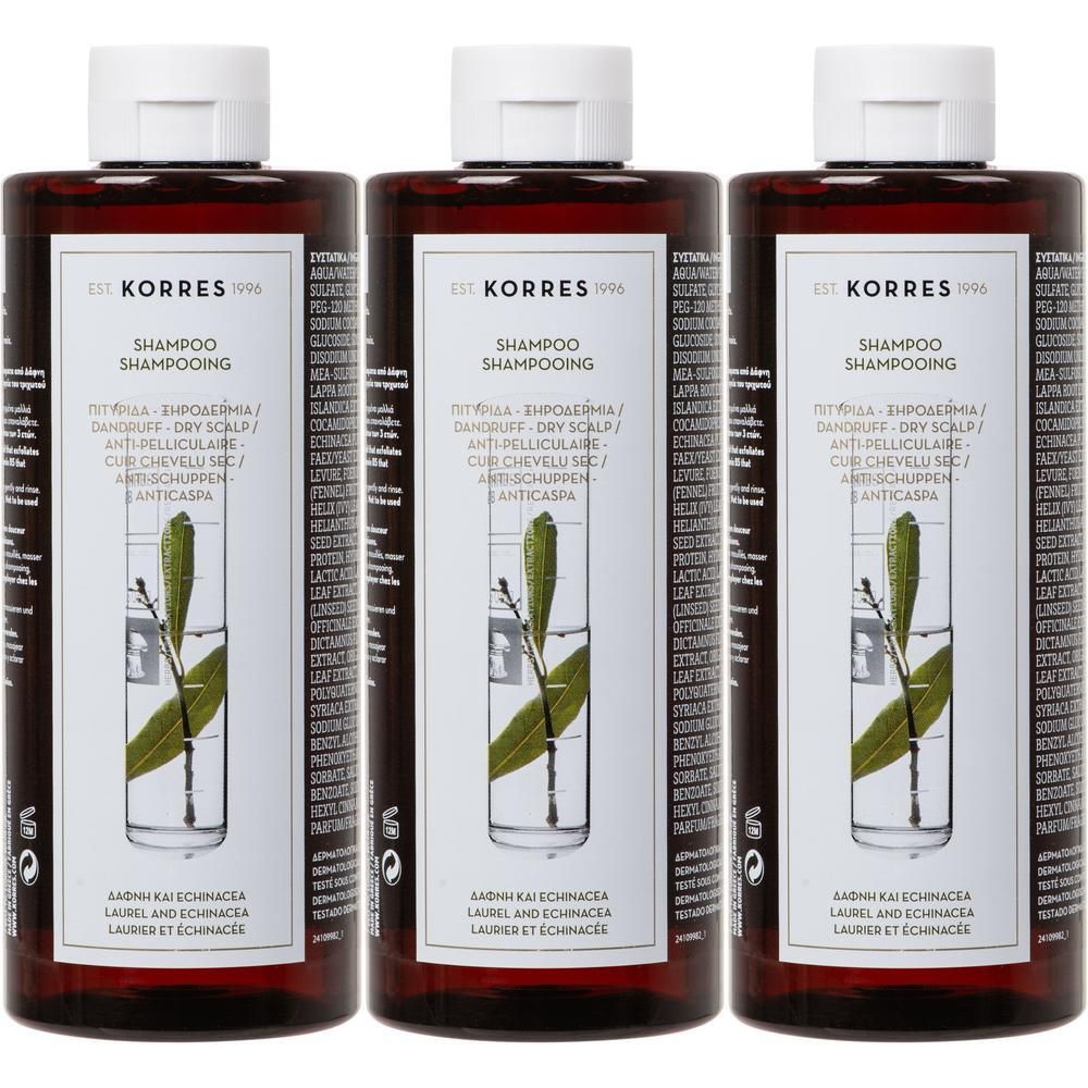 Trois bouteilles de shampooing Korres Laurier et Échinacée pour cuir chevelu sec.