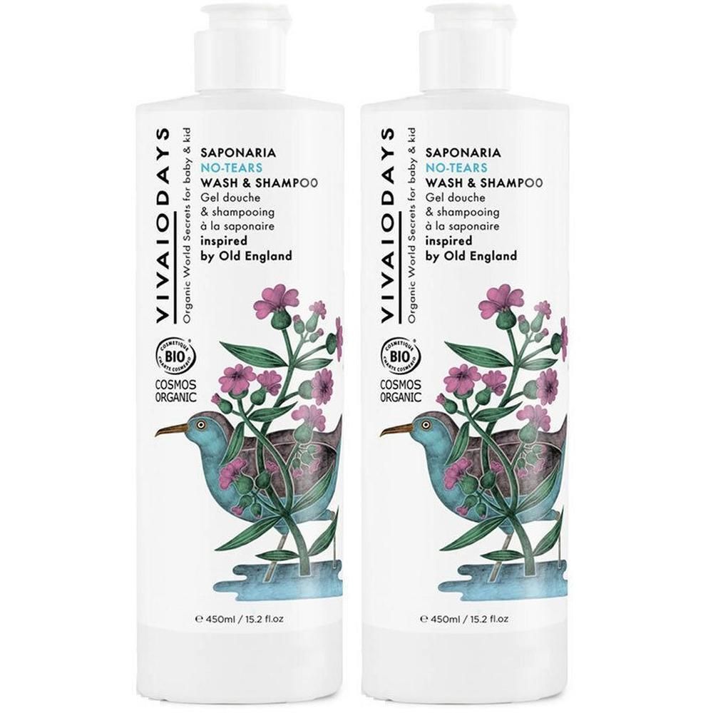 Deux flacons de gel douche et shampoing Vivaiodays No-Tears avec illustration d'oiseau et de fleurs. Certification COSMOS ORGANIC.