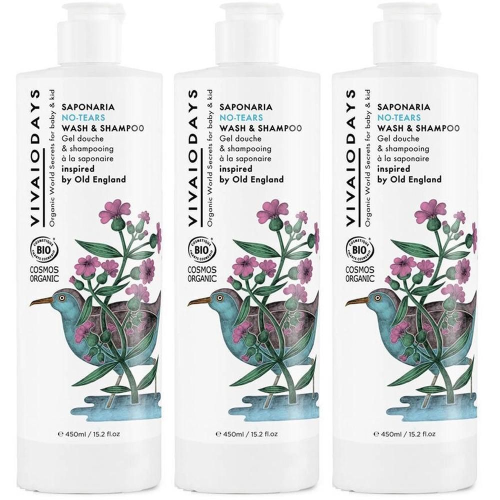 Drie flessen Vivaiodays douchegel & shampoo met vogel- en bloemillustratie. COSMOS ORGANIC-certificering.