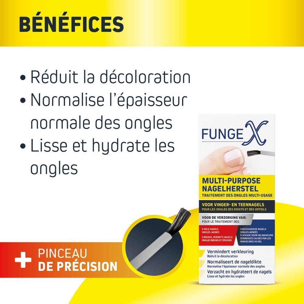 Avantages du soin des ongles : réduit la décoloration, normalise l'épaisseur, lisse les ongles.