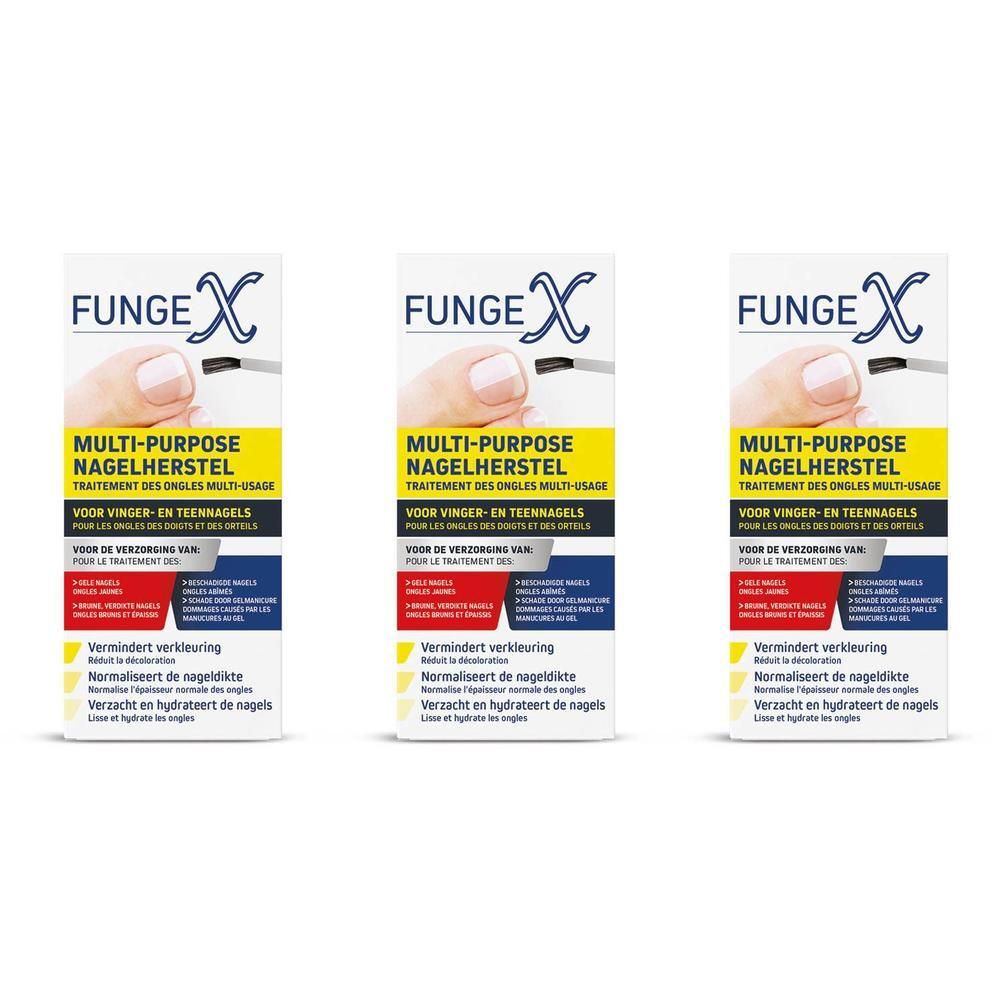 Trois boîtes de FungeX Traitement des Ongles Multi-Usage avec image d'applicateur.