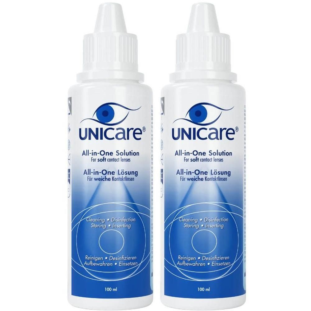 Deux flacons de solution tout-en-un Unicare pour lentilles souples, 100 ml.