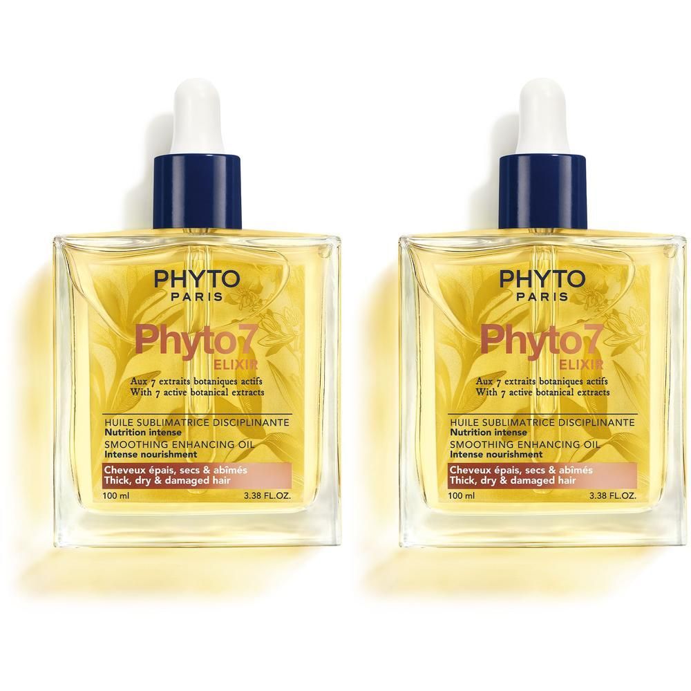 Deux flacons Phyto Paris Phyto7 Elixir, huile capillaire avec compte-gouttes.