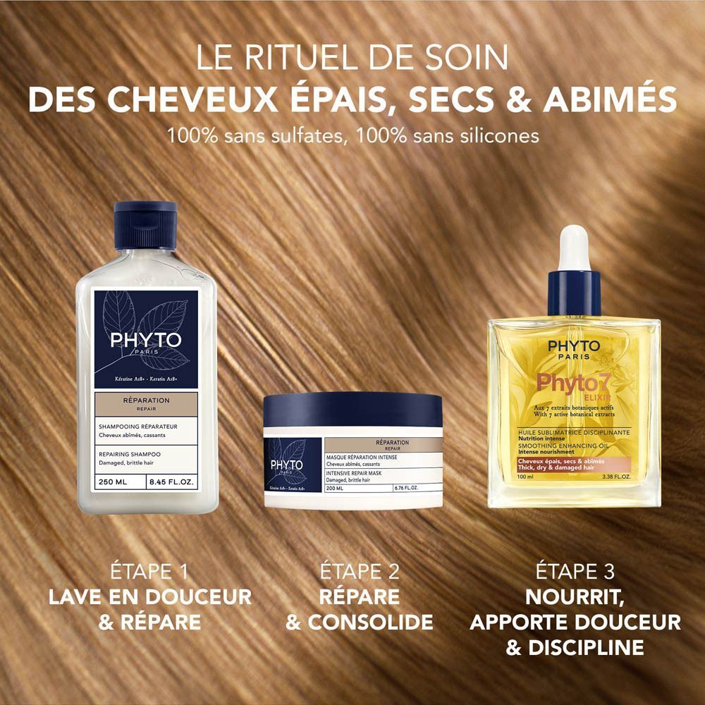 Produits capillaires Phyto Paris : shampoing, masque et huile élixir en coffret.