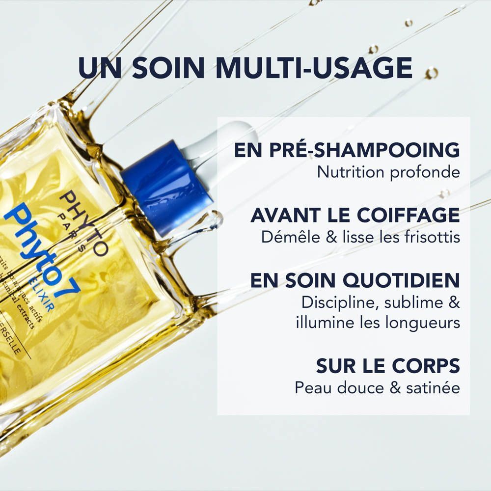 Huile Phyto Paris Phyto7 Elixir dans un éclaboussement, avec instructions d'utilisation.