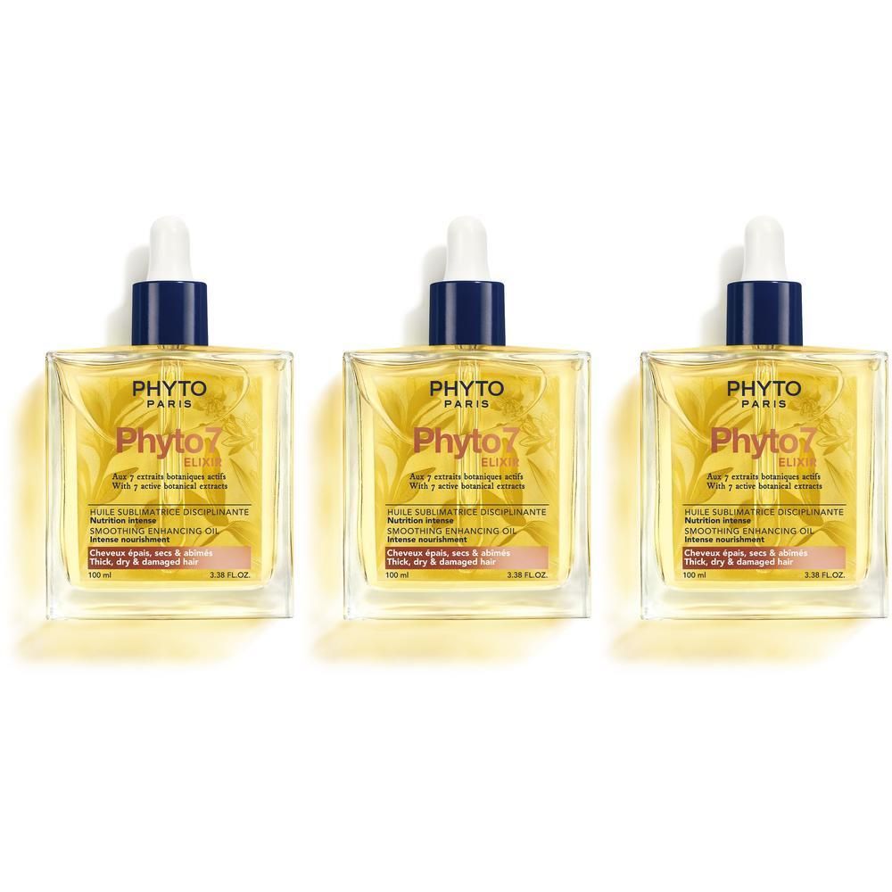 Trois flacons de Phyto Paris Phyto7 Elixir avec compte-gouttes.