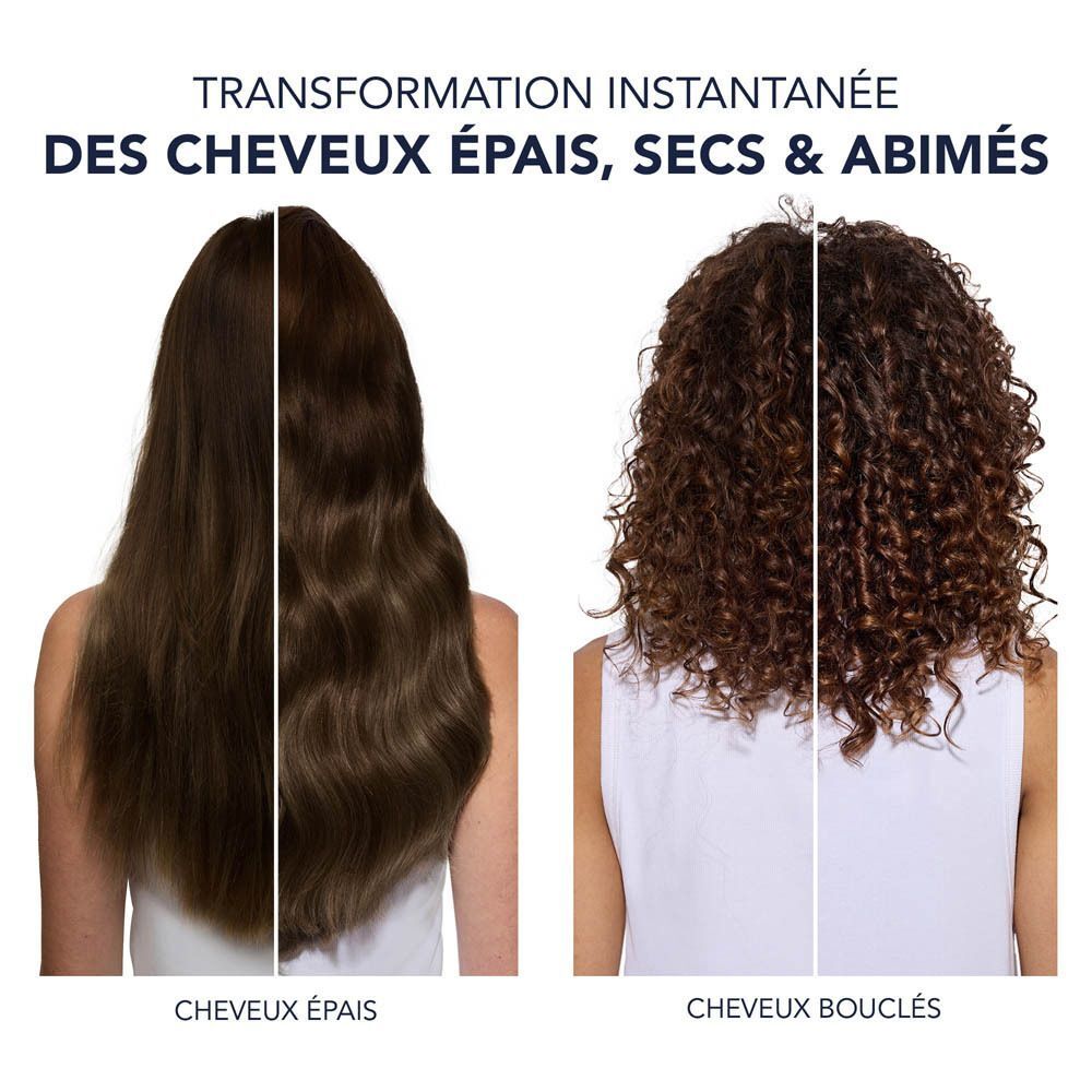 Comparaison avant-après de cheveux épais et secs transformés en boucles.