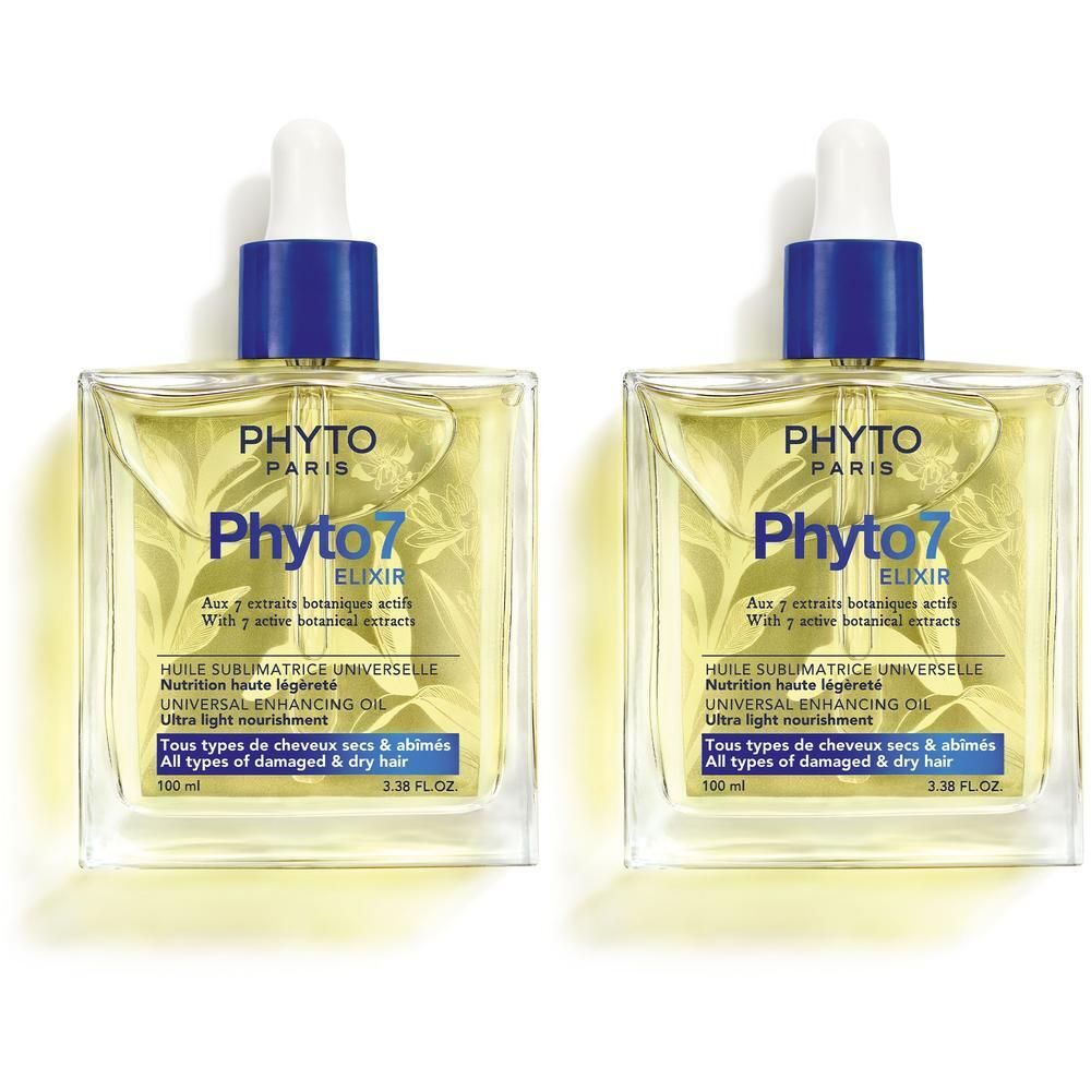 Deux flacons d'élixir Phyto Paris Phyto7, huile de soin capillaire avec compte-gouttes.