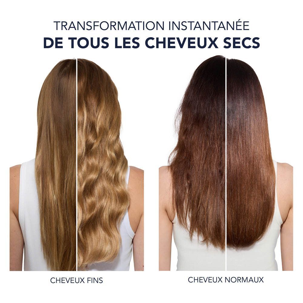 Comparaison avant-après de cheveux fins et normaux traités par un produit.