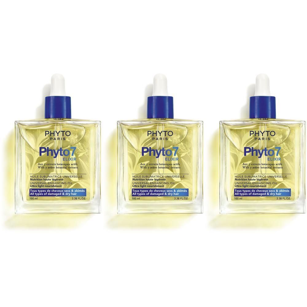 Drie flessen Phyto Paris Phyto7 Elixir met druppelaar.