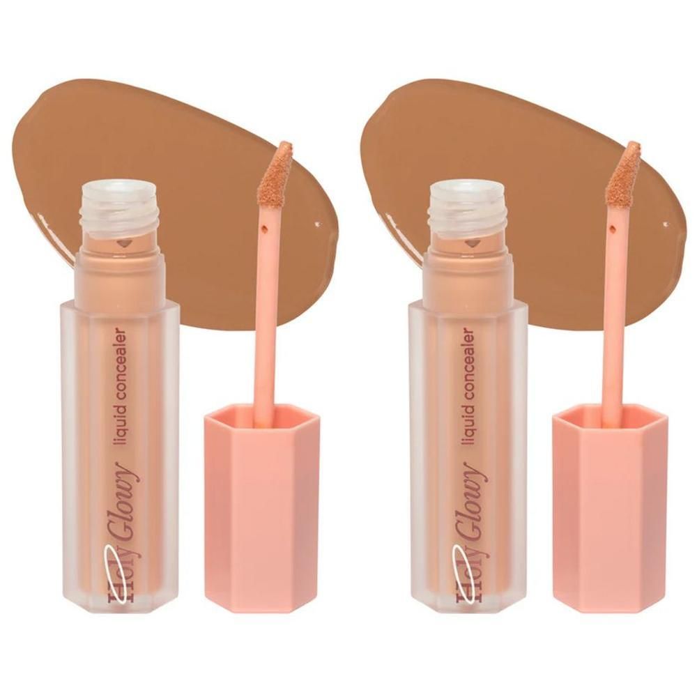Twee vloeibare concealers met applicator en een bruine swatch.