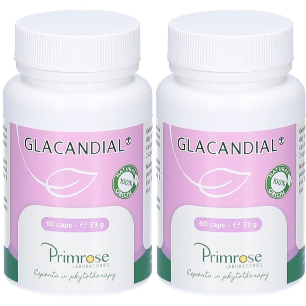 Deux flacons Primrose Laboratories Glacandial, 60 gélules chacun.